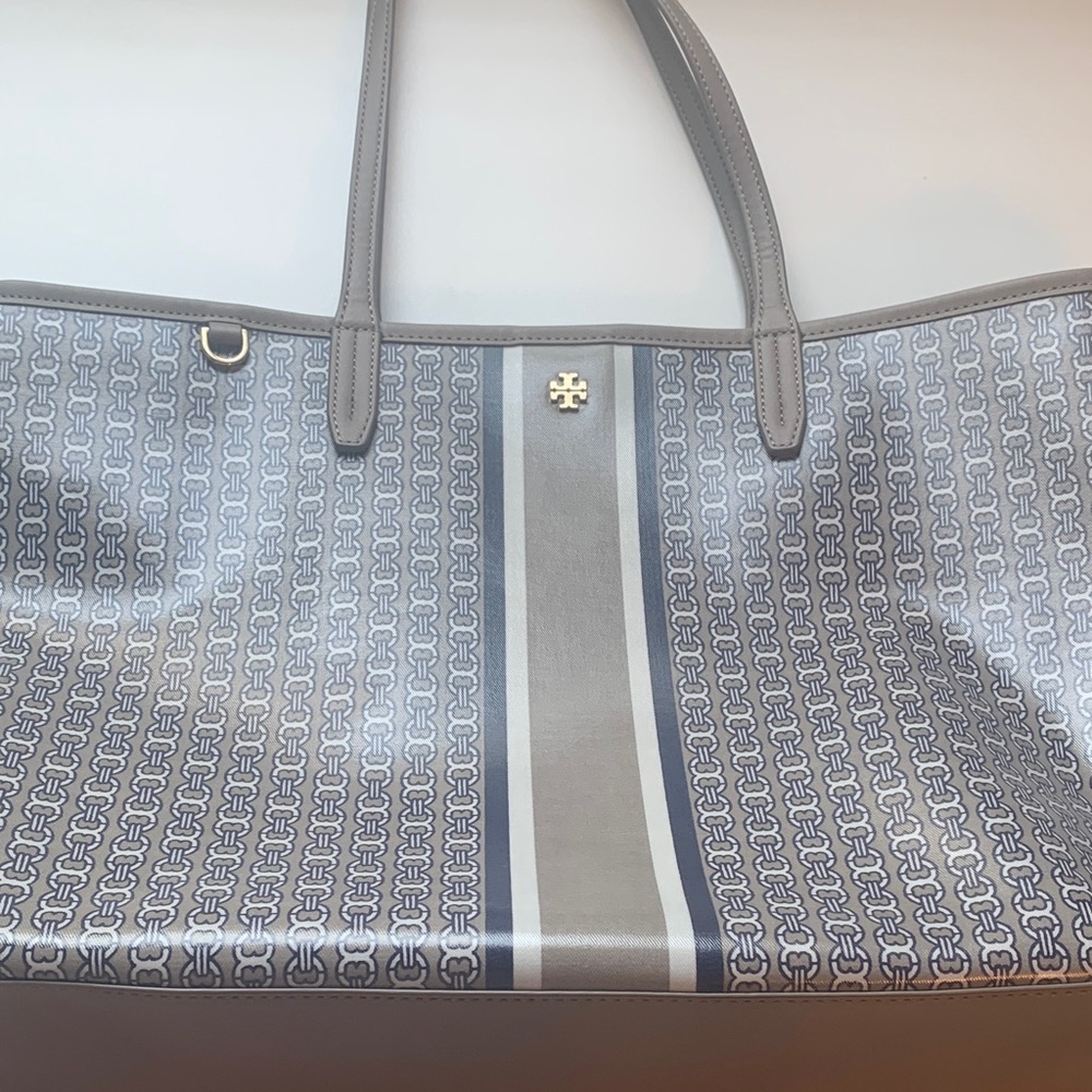 Tory Burch Coated Canvas Gray and Blue Patterned Tote